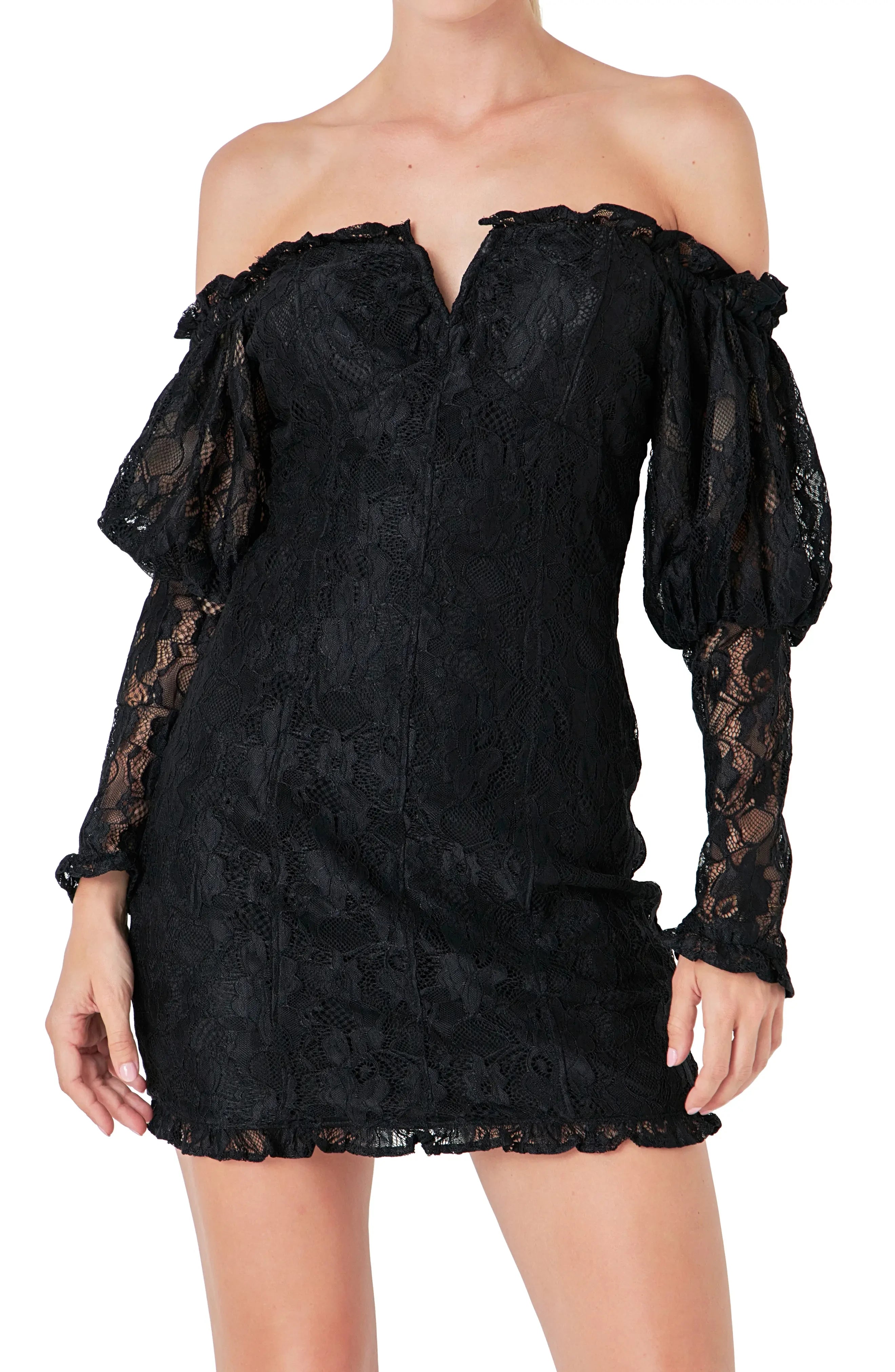 Elegant Sheath Off-Shoulder Sweetheart Long Puff Sleeve Concealed Zipper Back Mini Lace Homecoming Dresses