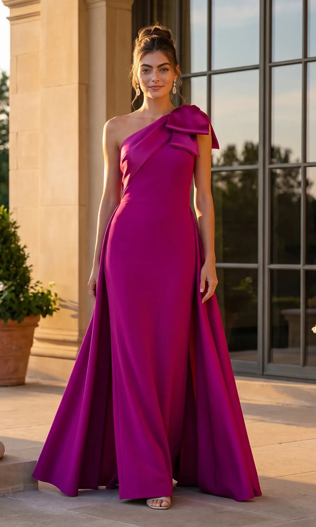Elegant Sheath One-Shoulder Sleeveless Bow Slit Magenta Floor-Length Prom Dresses Women