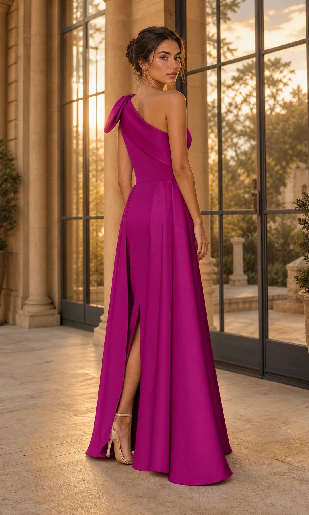 Elegant Sheath One-Shoulder Sleeveless Bow Slit Magenta Floor-Length Prom Dresses Women