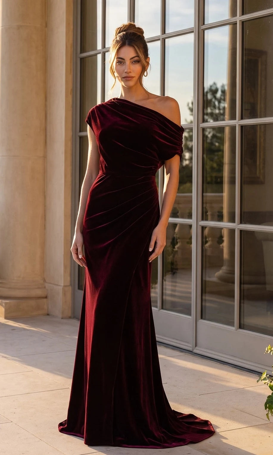 Elegant Sheath One Shoulder Sleeveless Ruched Draped Burgundy Prom Dresses Women Gown