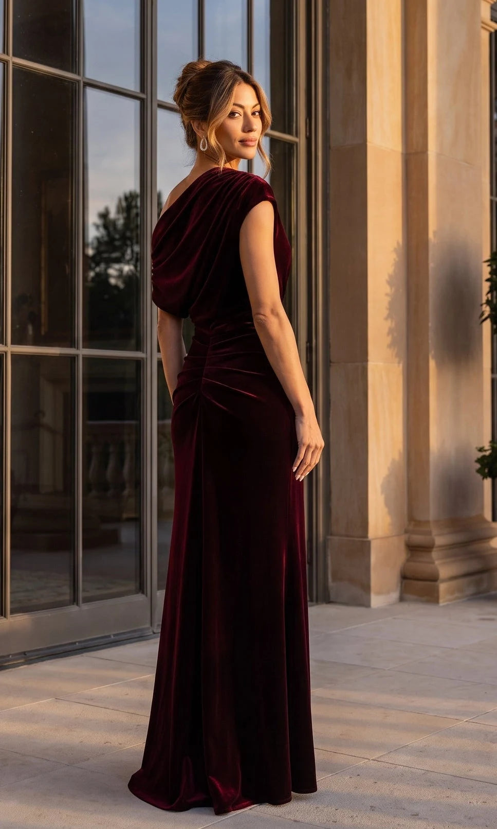 Elegant Sheath One Shoulder Sleeveless Ruched Draped Burgundy Prom Dresses Women Gown