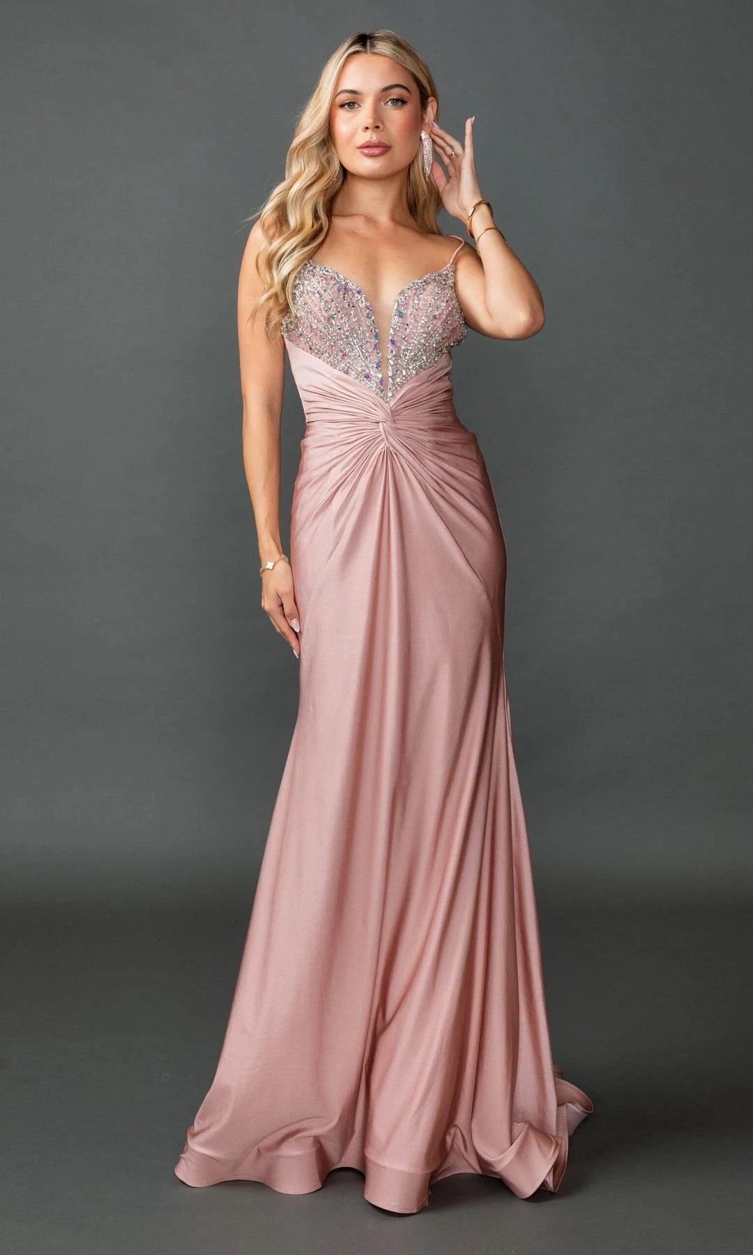 Elegant Sheath Plunging Sleeveless Beaded Pink Maxi Prom Dresses Womens Gown