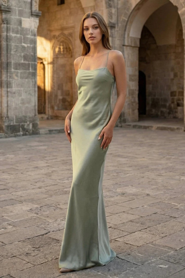 Elegant Sheath Spaghetti Strap Backless Criss-Cross Sage Green Floor-Length Prom Dresses