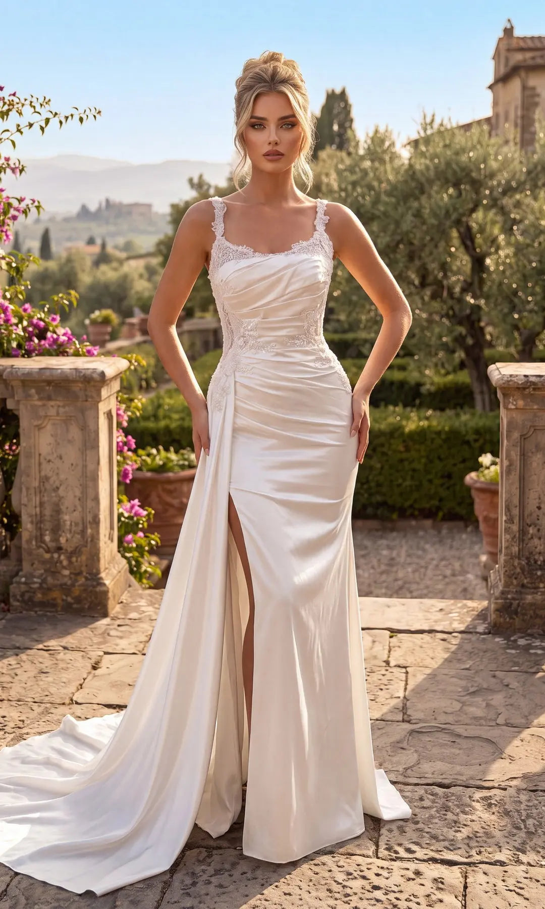 Elegant Sheath Square Sleeveless Ruched Slit Ivory Long Prom Dresses Women