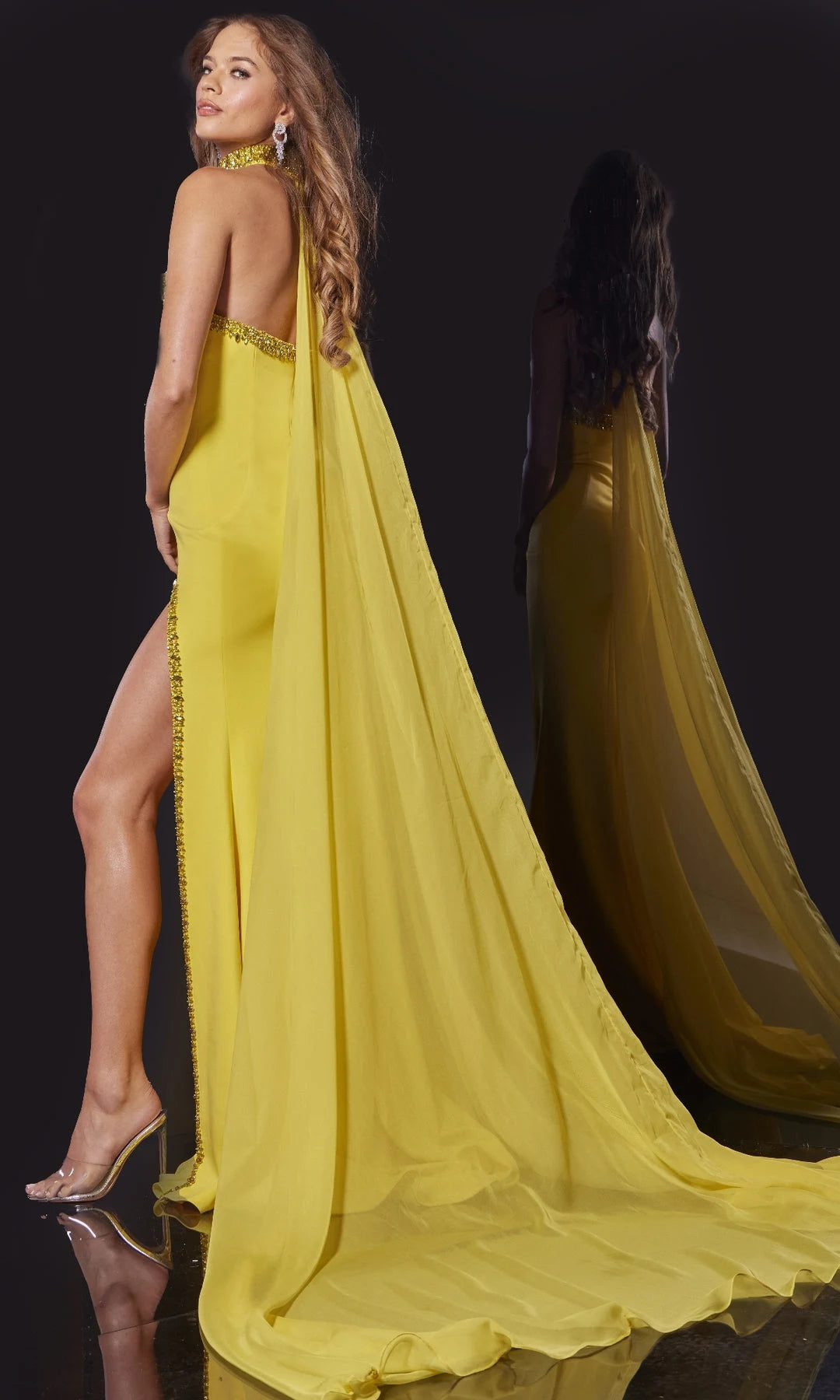 Elegant Sheath Strapless Sleeveless Beaded Slit Yellow Long Prom Dresses Women Gown