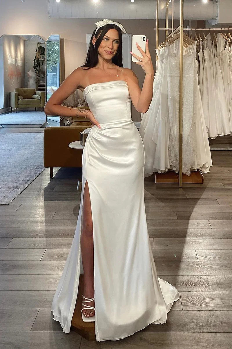 Elegant Sheath Strapless Sleeveless High Slit Ruched White Floor-Length Wedding Dress
