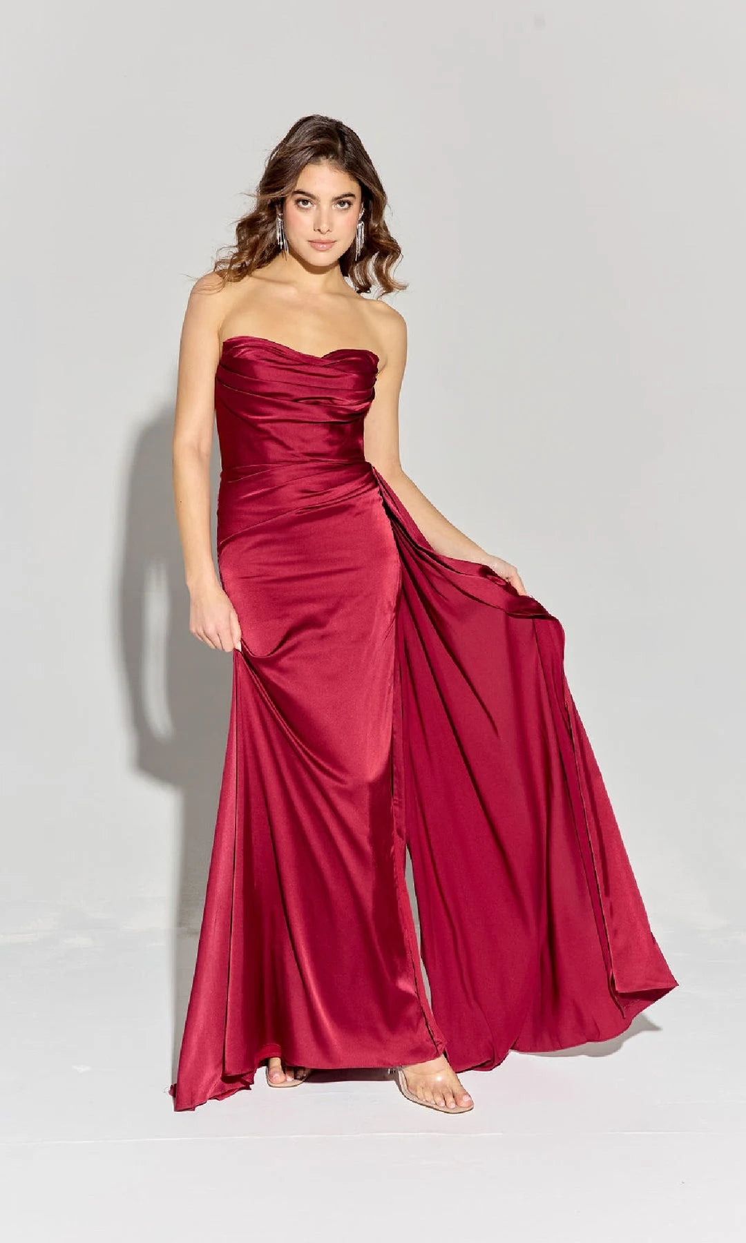 Elegant Sheath Strapless Sleeveless Ruched Slit Burgundy Long Prom Dresses Women