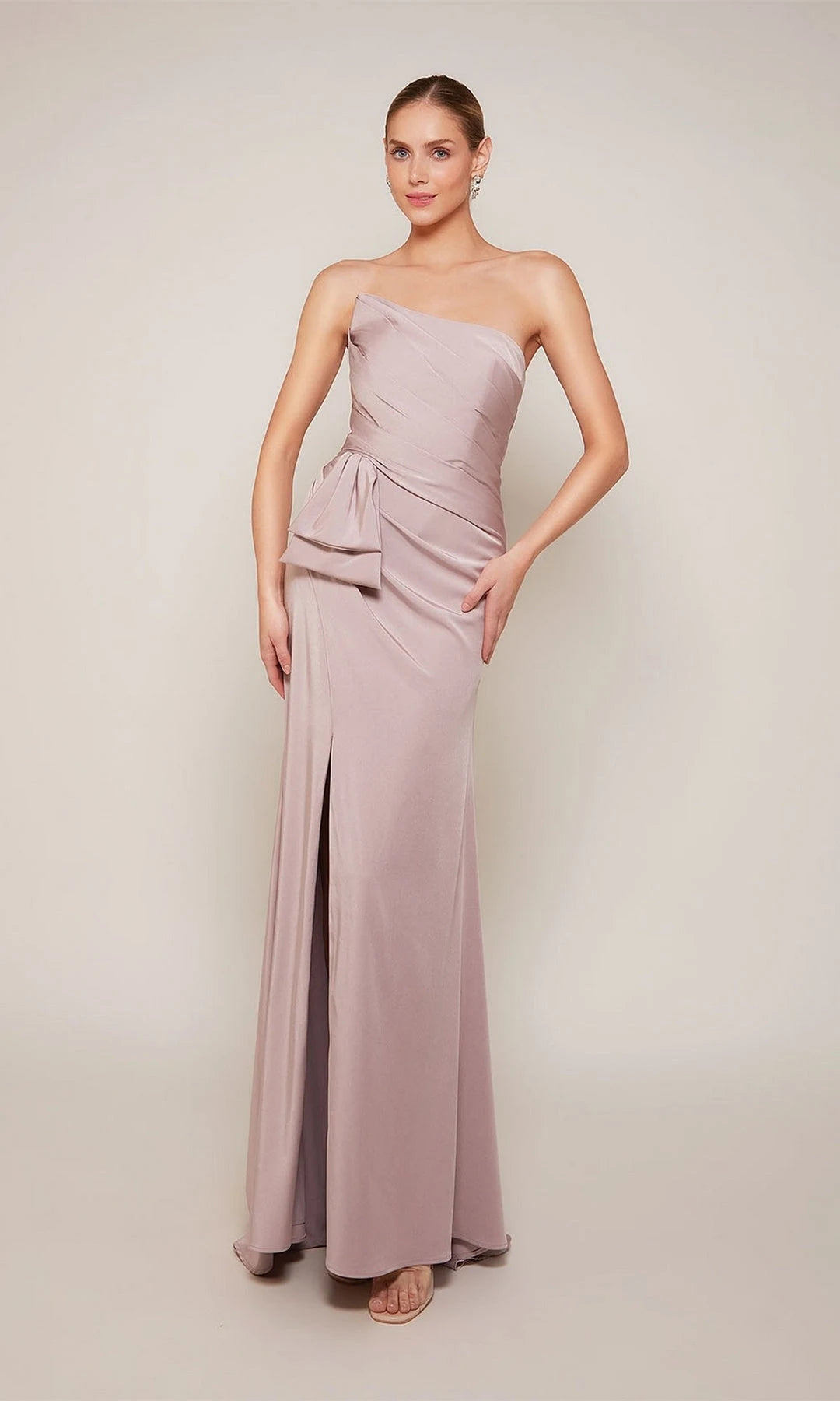 Elegant Sheath Strapless Sleeveless Ruched Slit Mauve Prom Dresses Women Gown