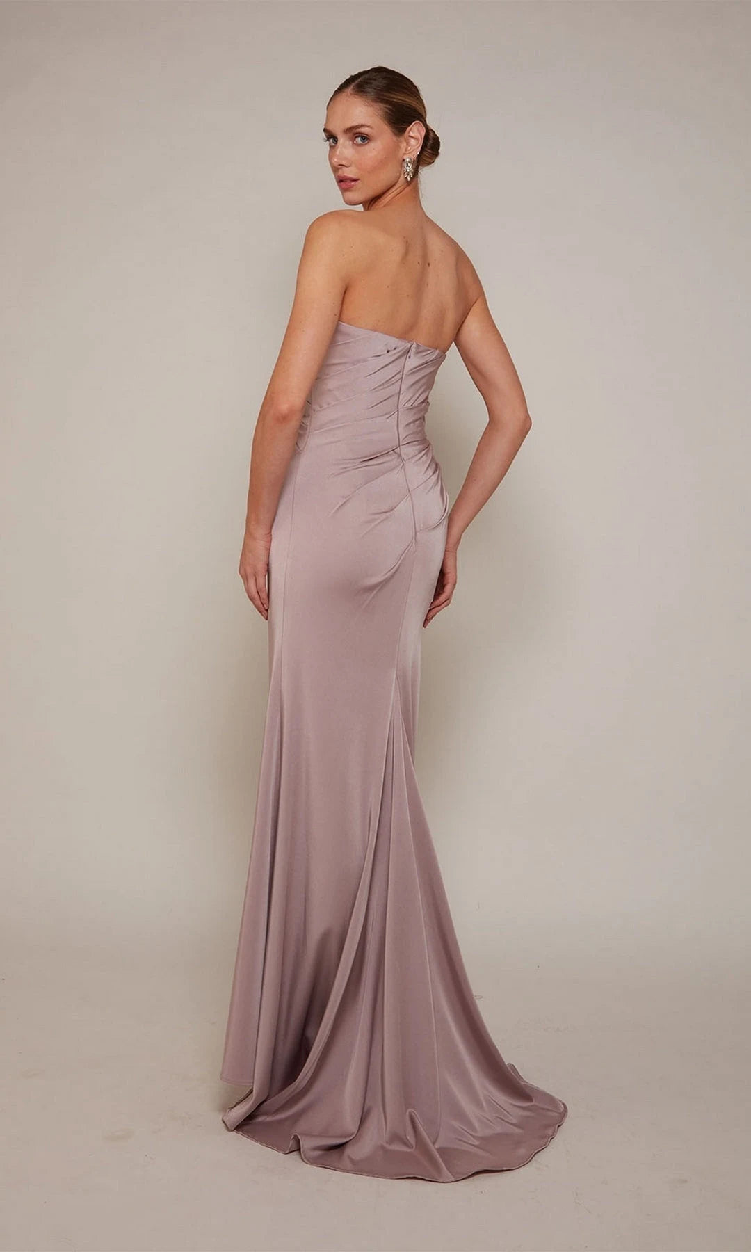 Elegant Sheath Strapless Sleeveless Ruched Slit Mauve Prom Dresses Women Gown