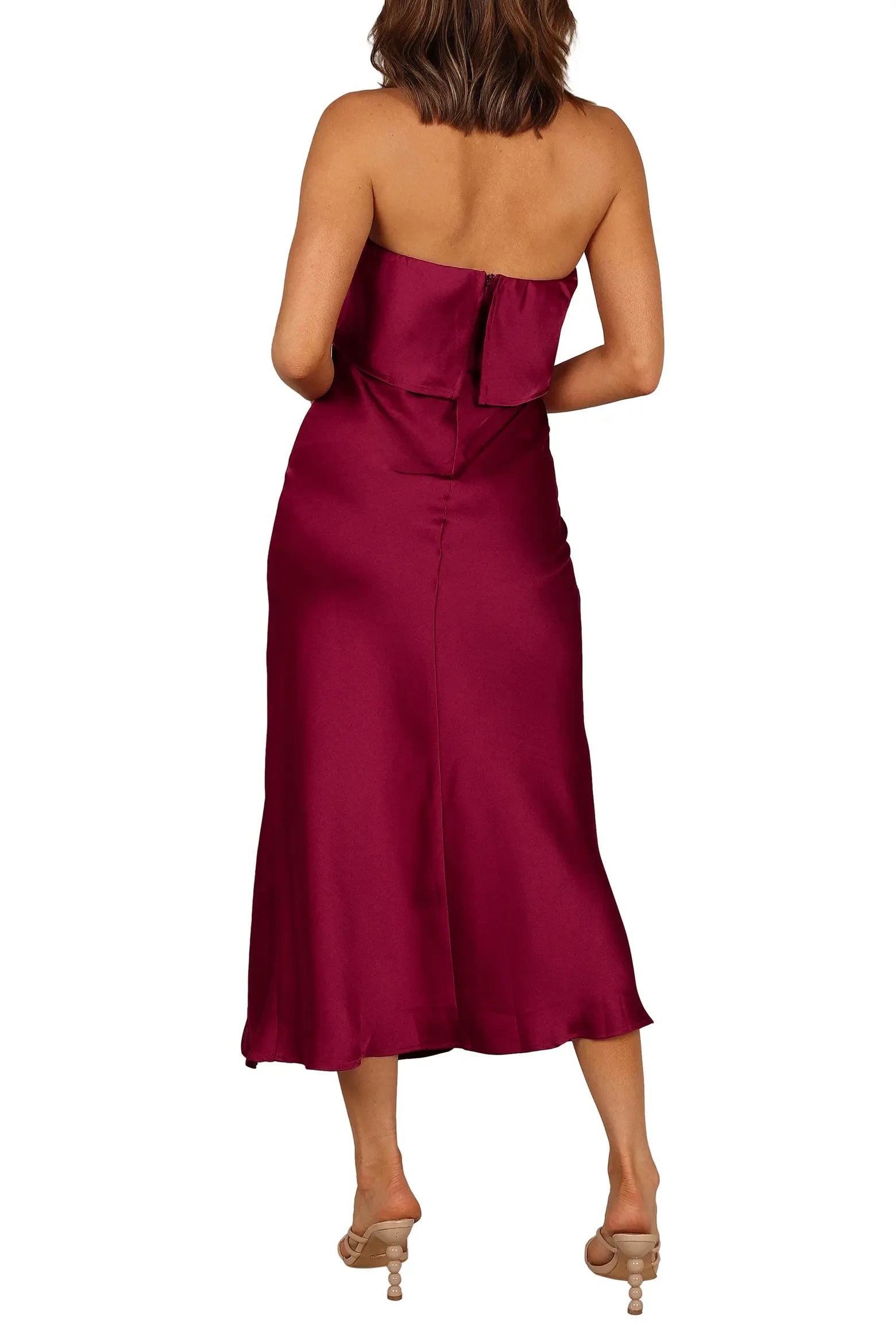 Elegant Sheath Strapless Sleeveless Zipper Back Midi Homecoming Dresses with Ruffle Detail and High Slit