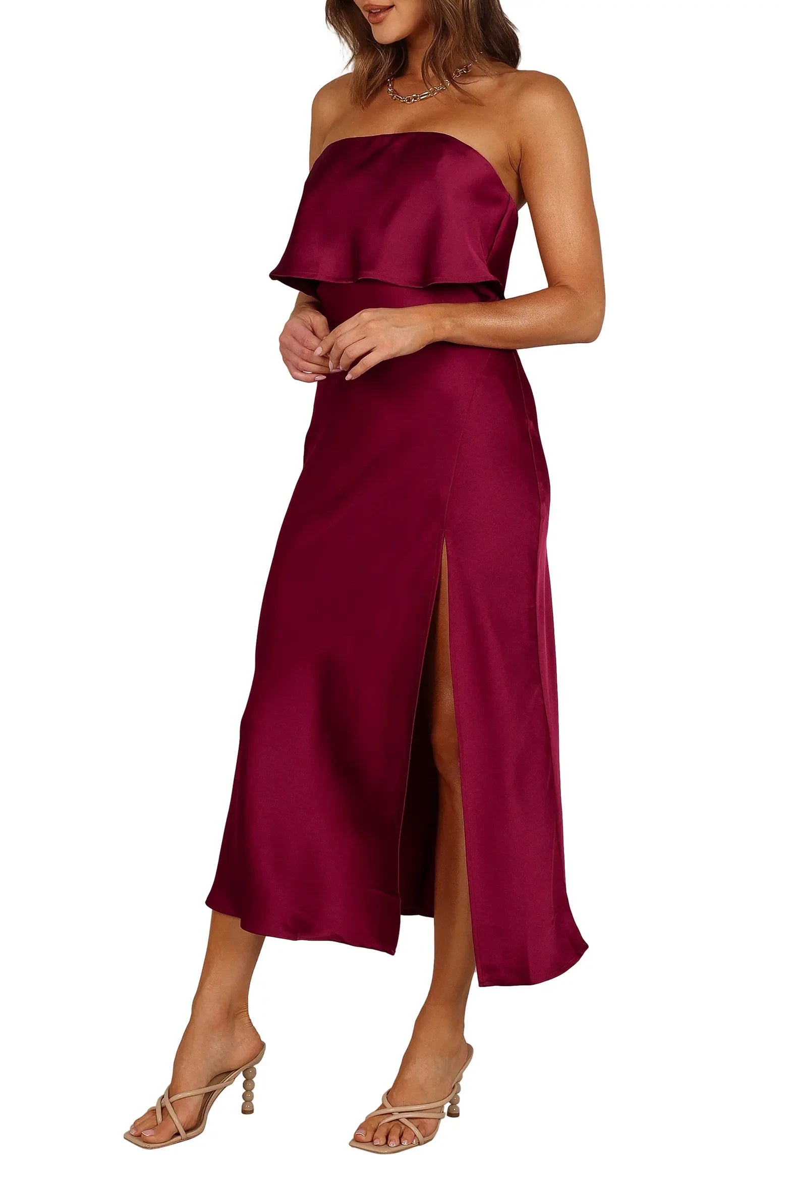 Elegant Sheath Strapless Sleeveless Zipper Back Midi Homecoming Dresses with Ruffle Detail and High Slit