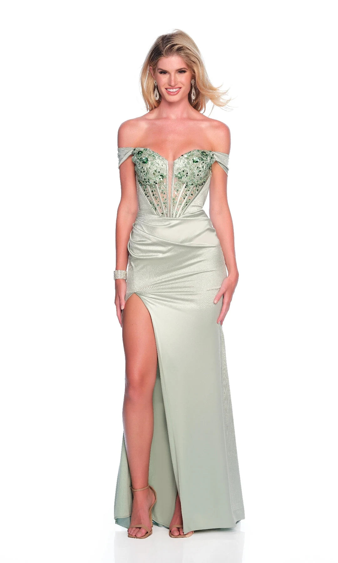 Elegant Sheath Sweetheart Sleeveless Beaded-Slit Sage Long Prom Dresses Women Gown