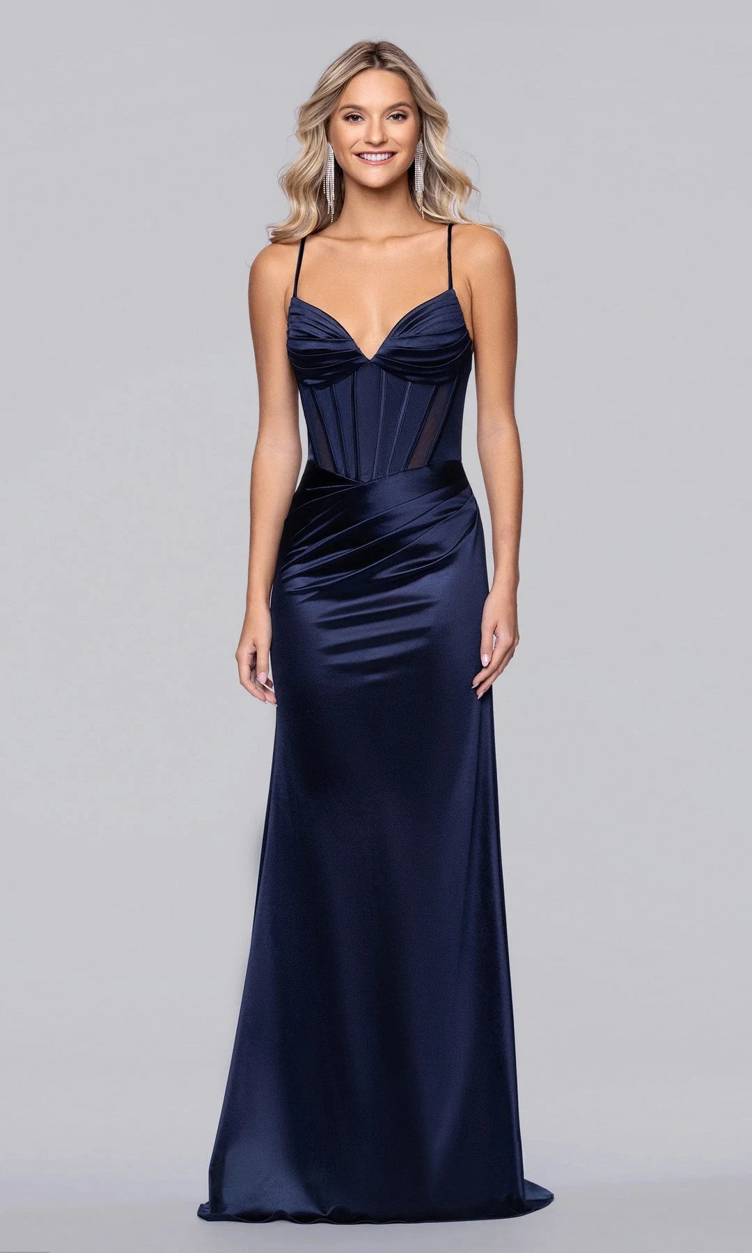 Elegant Sheath Sweetheart Sleeveless Corset Ruched Navy Long Prom Dresses Women
