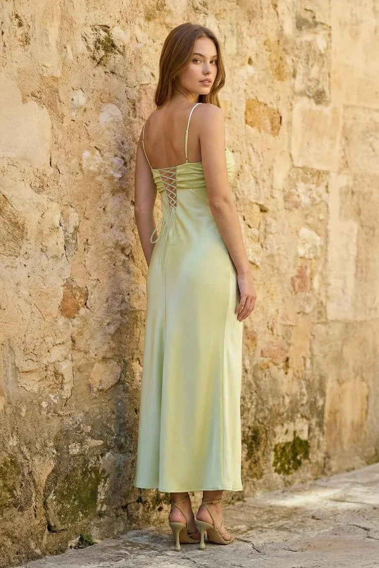 Elegant Sheath Sweetheart Sleeveless Ruched High Slit Sage Midi Prom Dress