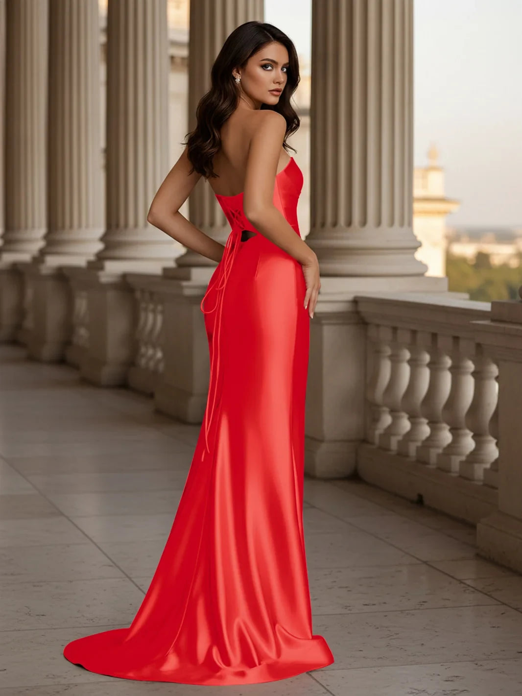 Elegant Sheath Sweetheart Sleeveless Ruched Slit Red Floor-Length Prom Dress Women's Gown
