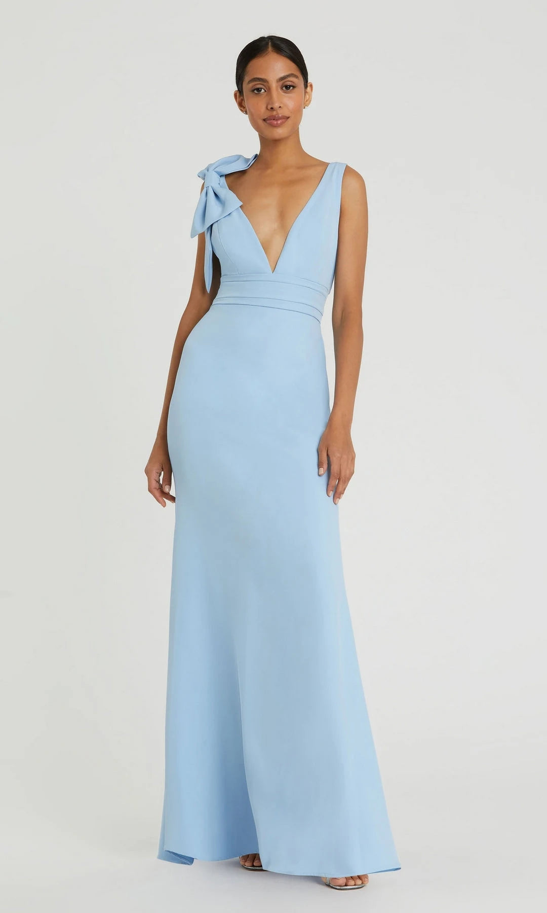 Elegant Sheath V-Neck Sleeveless Bow Backless Blue Maxi Prom Dresses Gown