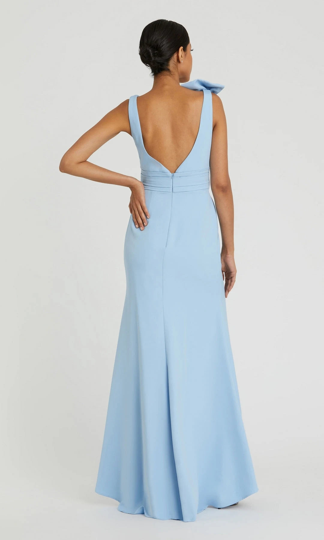 Elegant Sheath V-Neck Sleeveless Bow Backless Blue Maxi Prom Dresses Gown