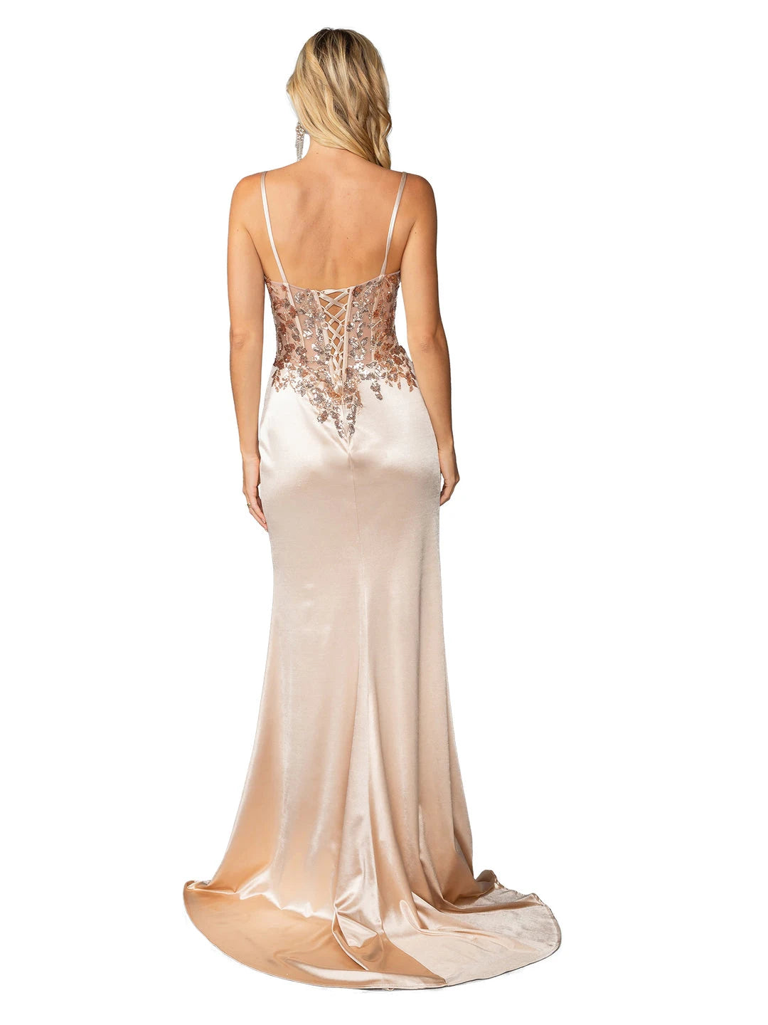 Elegant Sheath V-Neck Sleeveless Corset Slit Champagne Maxi Prom Dresses Gown