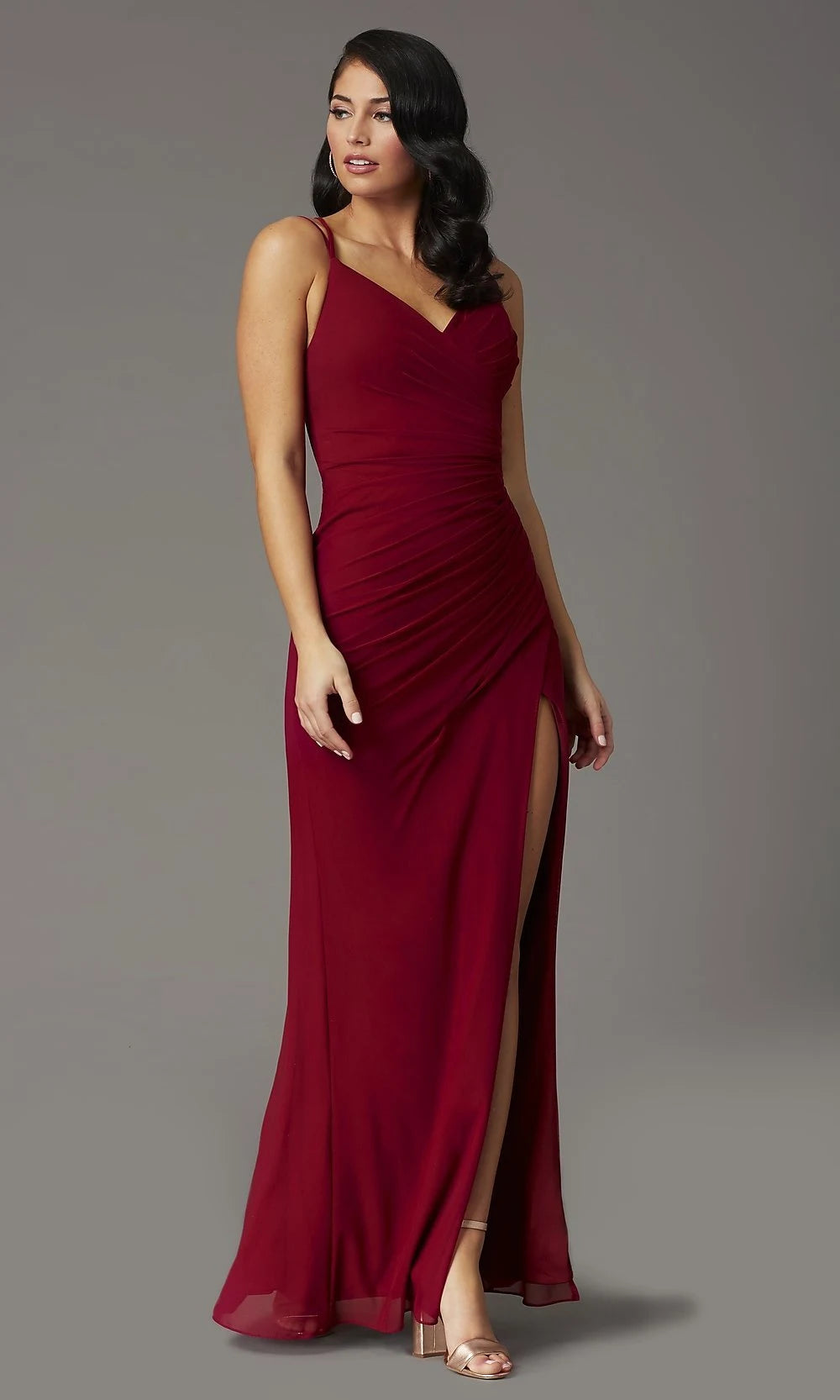 Elegant Sheath V-Neck Sleeveless Ruched Slit Burgundy Floor-Length Prom Dress