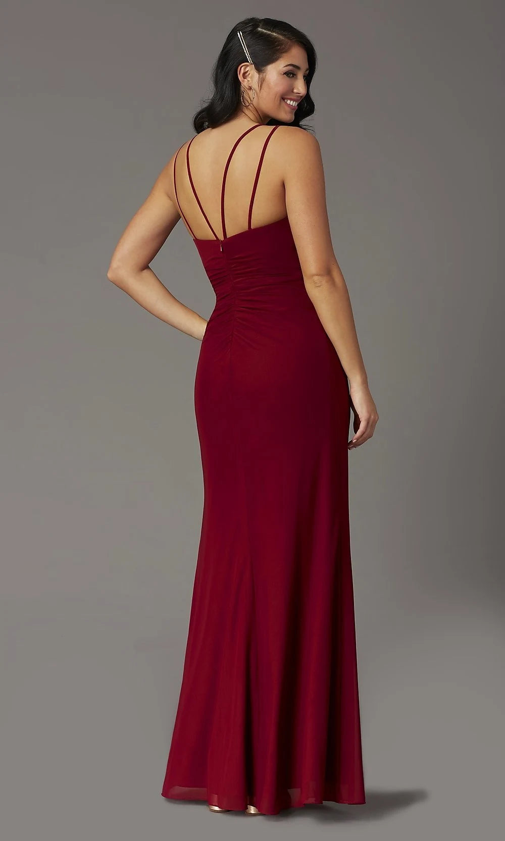 Elegant Sheath V-Neck Sleeveless Ruched Slit Burgundy Floor-Length Prom Dress