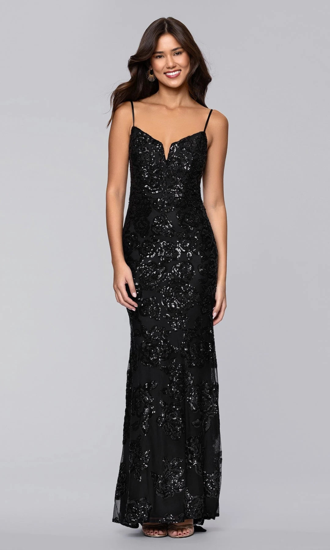 Elegant Sheath V-Neck Sleeveless Sequin Backless Black Floor-Length Prom Dresses Women