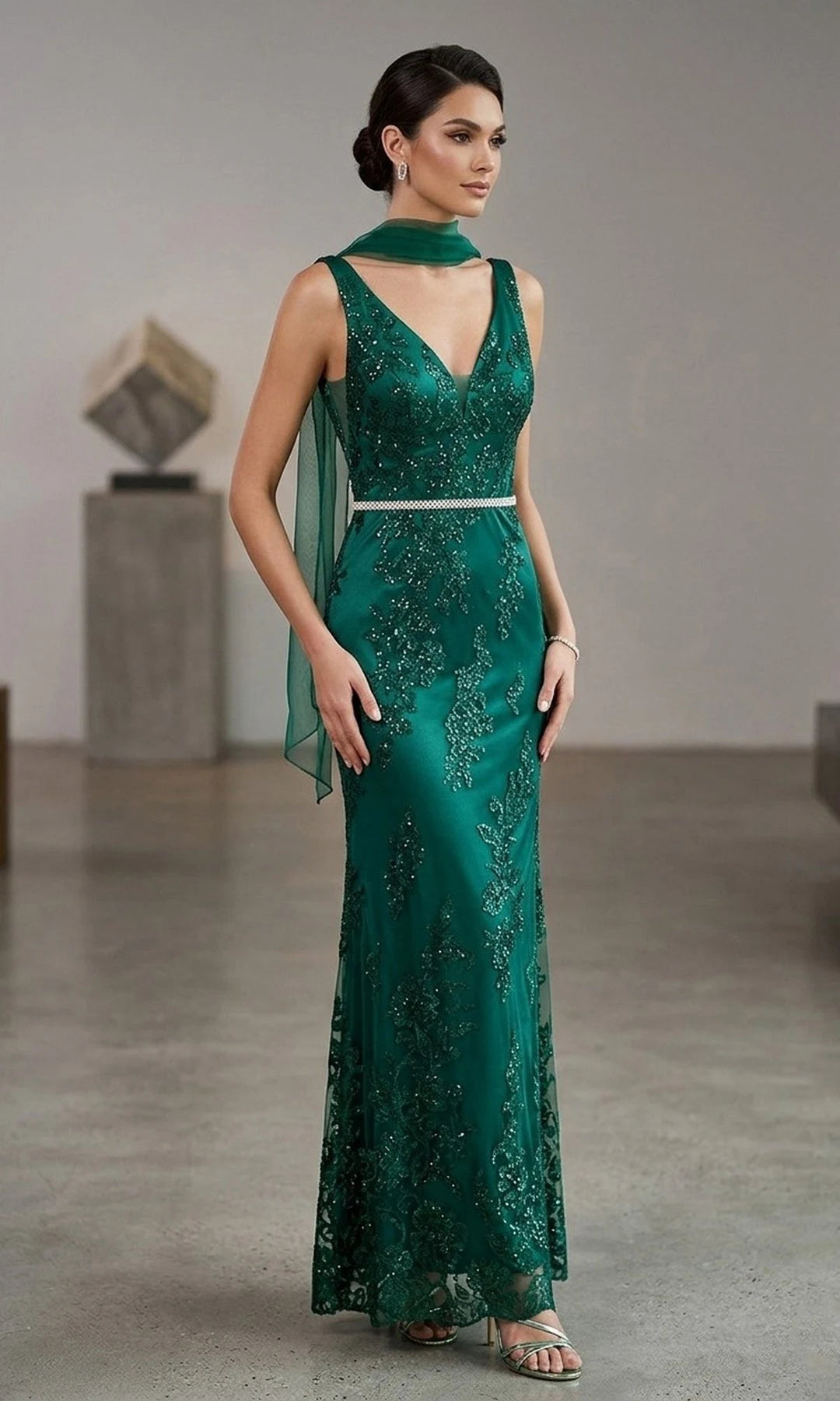 Elegant Sheath V-Neck Sleeveless Sequin Embroidered Green Long Prom Dresses Gown