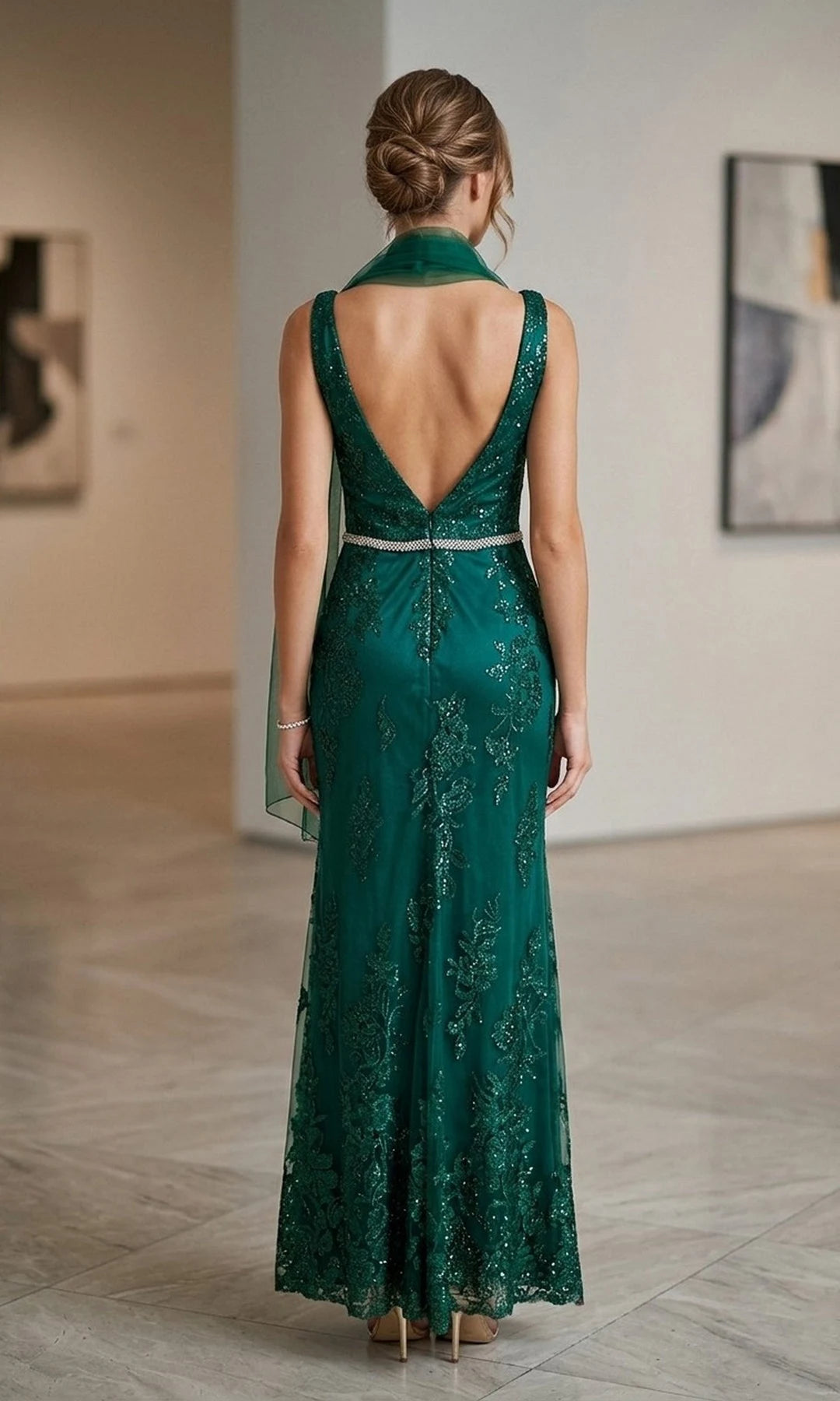 Elegant Sheath V-Neck Sleeveless Sequin Embroidered Green Long Prom Dresses Gown