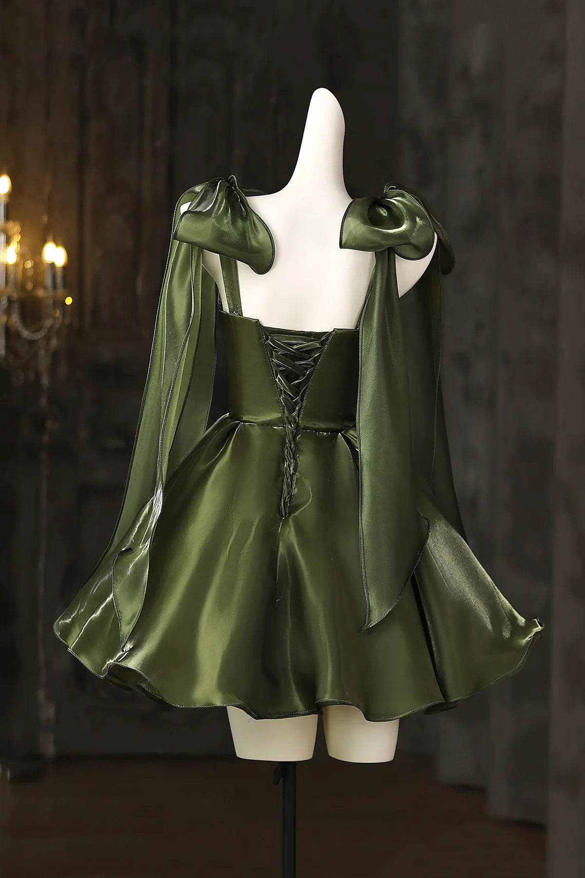 Elegant Shimmering A-Line Square Neck Off-Shoulder Bow Sleeve Lace-Up Back Short Homecoming Dress
