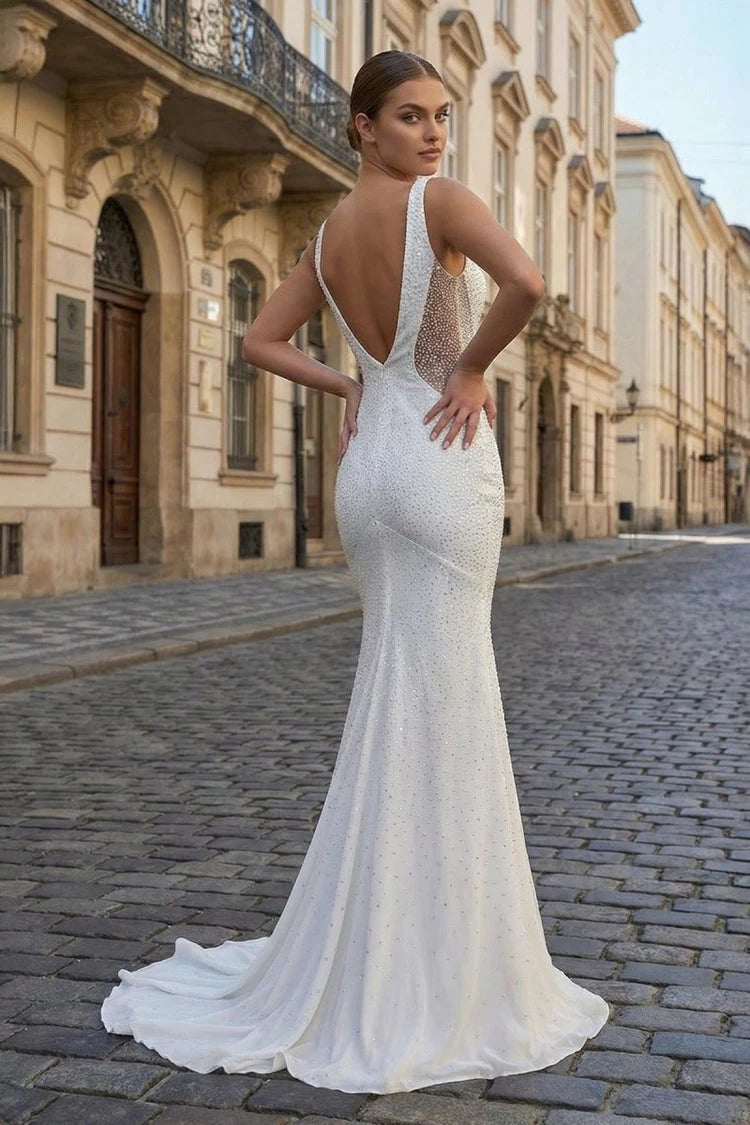 Elegant Sparkling V-Neck Sleeveless Beaded Mermaid White Floor-Length Prom Gown