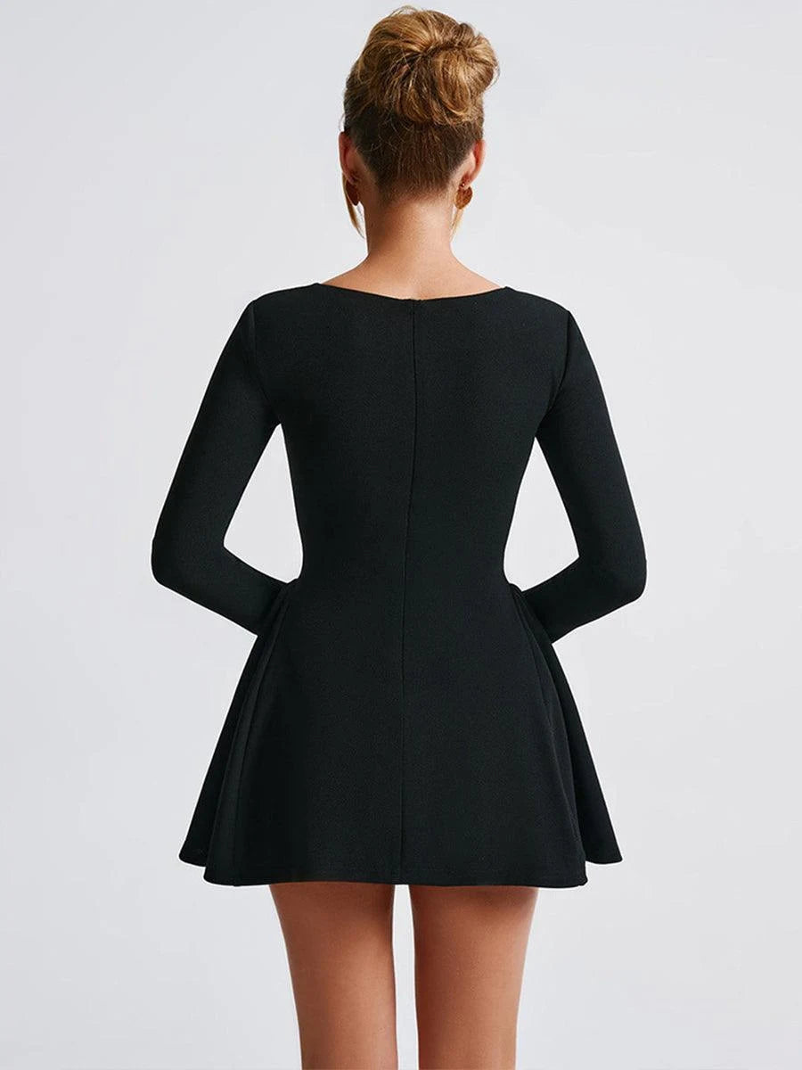 Elegant Square Neck Long Sleeve Ruched Flared Mini Black Homecoming Dress