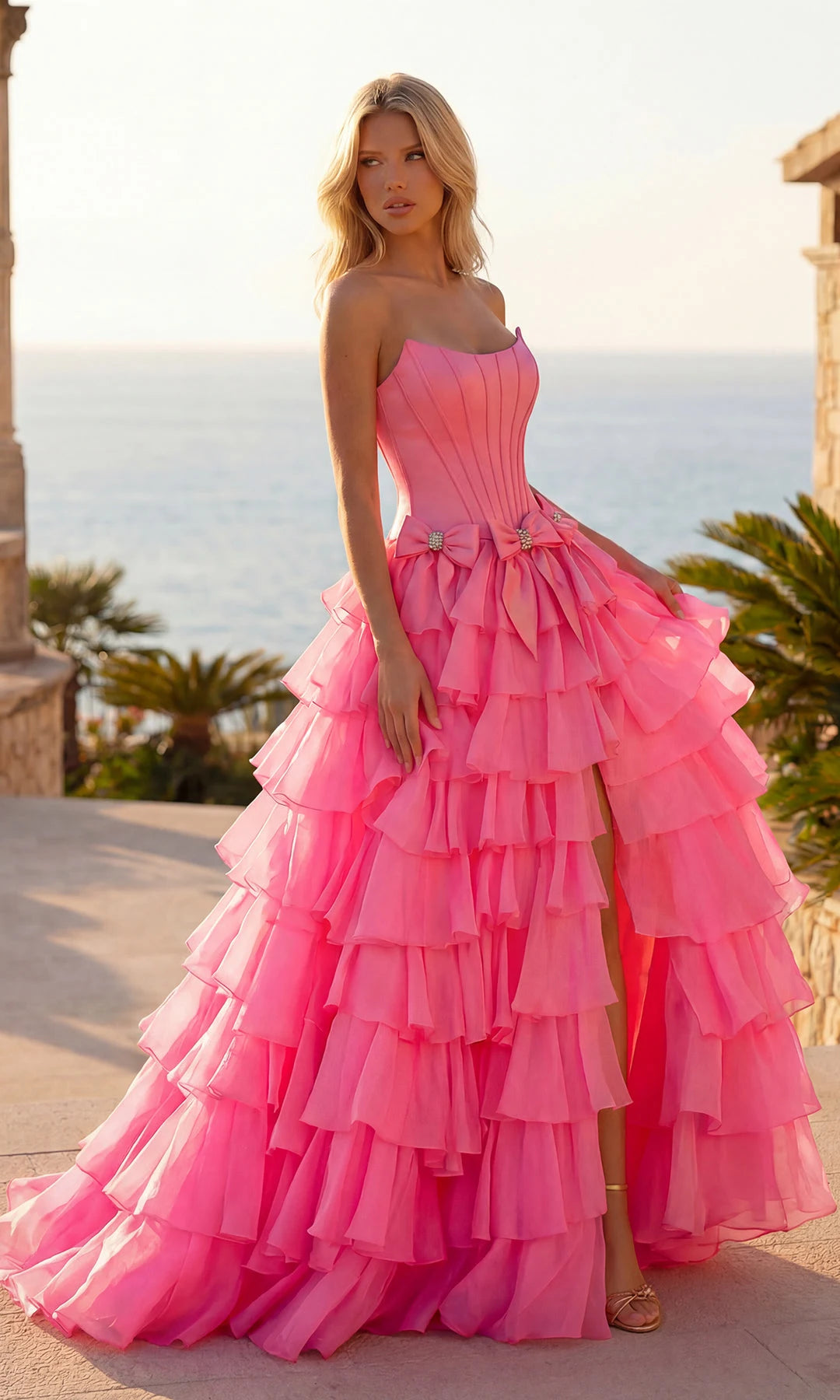 Elegant Strapless A-Line Tiered Ruffle Hot Pink Floor-Length Prom Gown