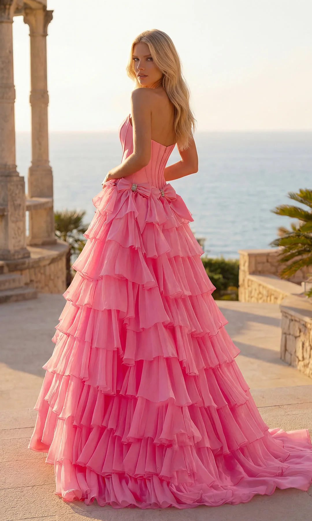 Elegant Strapless A-Line Tiered Ruffle Hot Pink Floor-Length Prom Gown