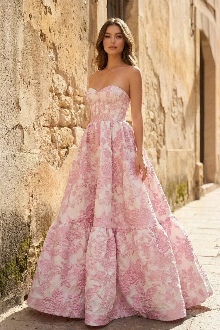 Elegant Strapless Sweetheart Ball Gown Tiered Floral Blush Pink Prom Dress