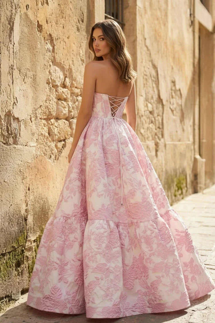 Elegant Strapless Sweetheart Ball Gown Tiered Floral Blush Pink Prom Dress