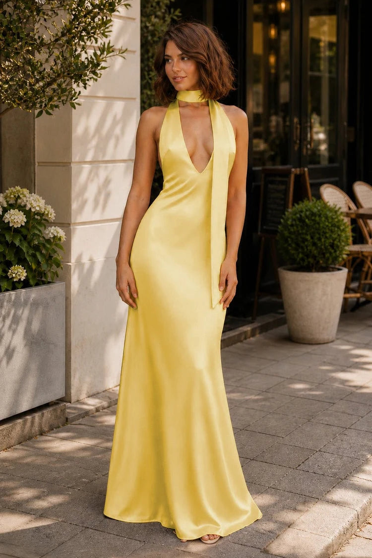 Elegant Trumpet Halter Backless Draped Butter Yellow Floor Prom Gown