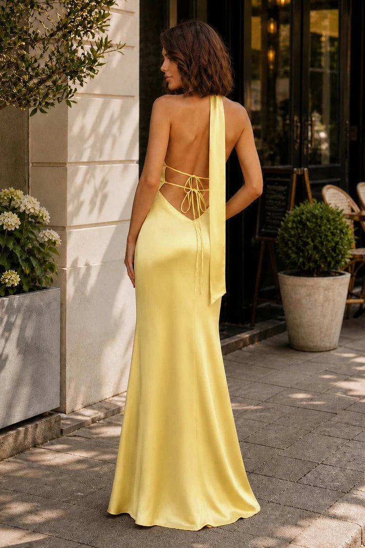 Elegant Trumpet Halter Backless Draped Butter Yellow Floor Prom Gown