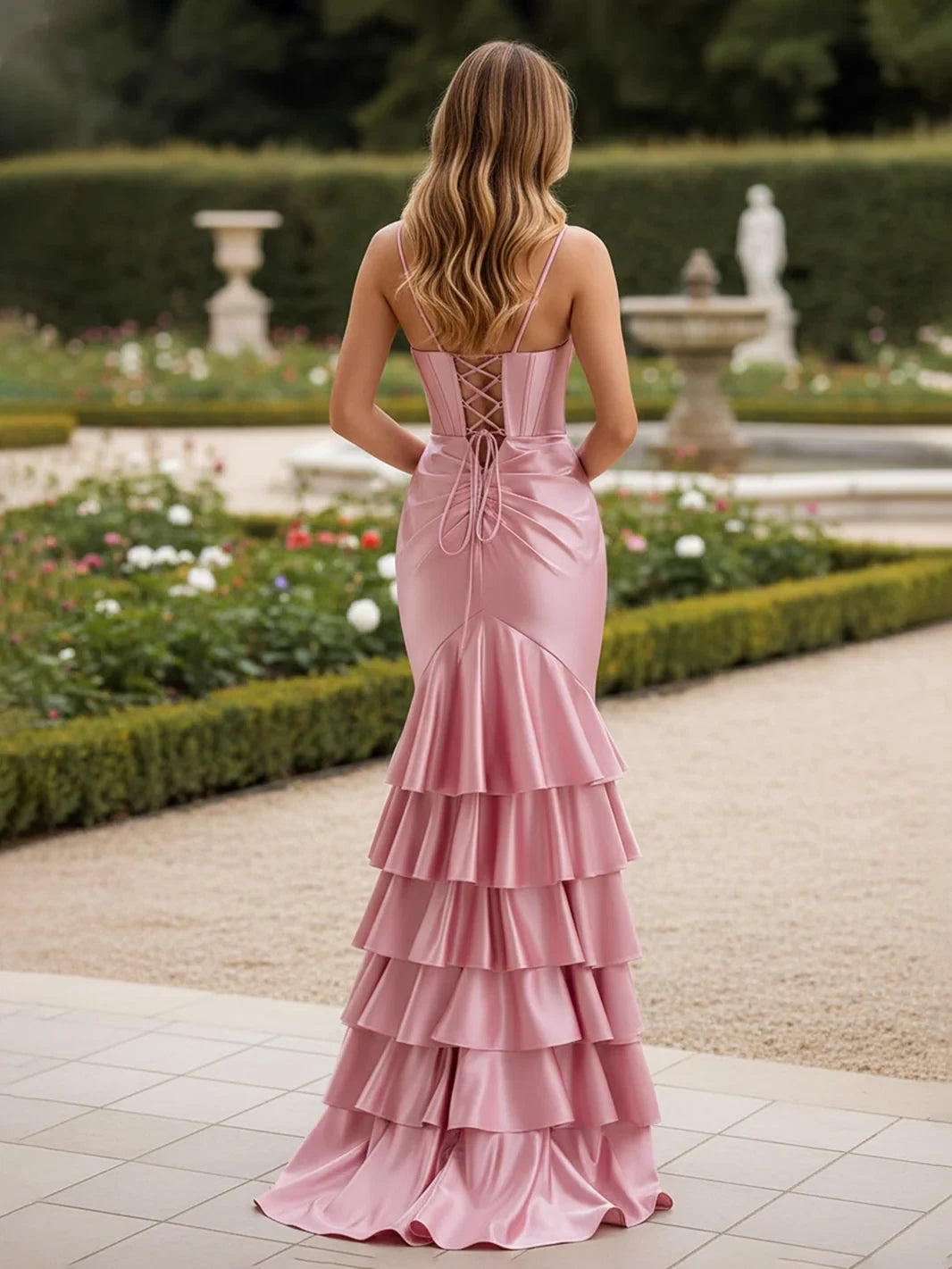 Elegant V-Neck Sleeveless Ruffled Slit Dusty Rose Mermaid Prom Gown