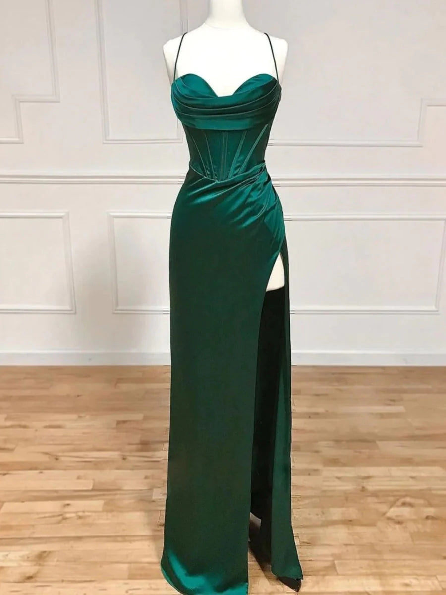 Wholesa Emerald Floor Length Corset Prom Dresses With Side Slit