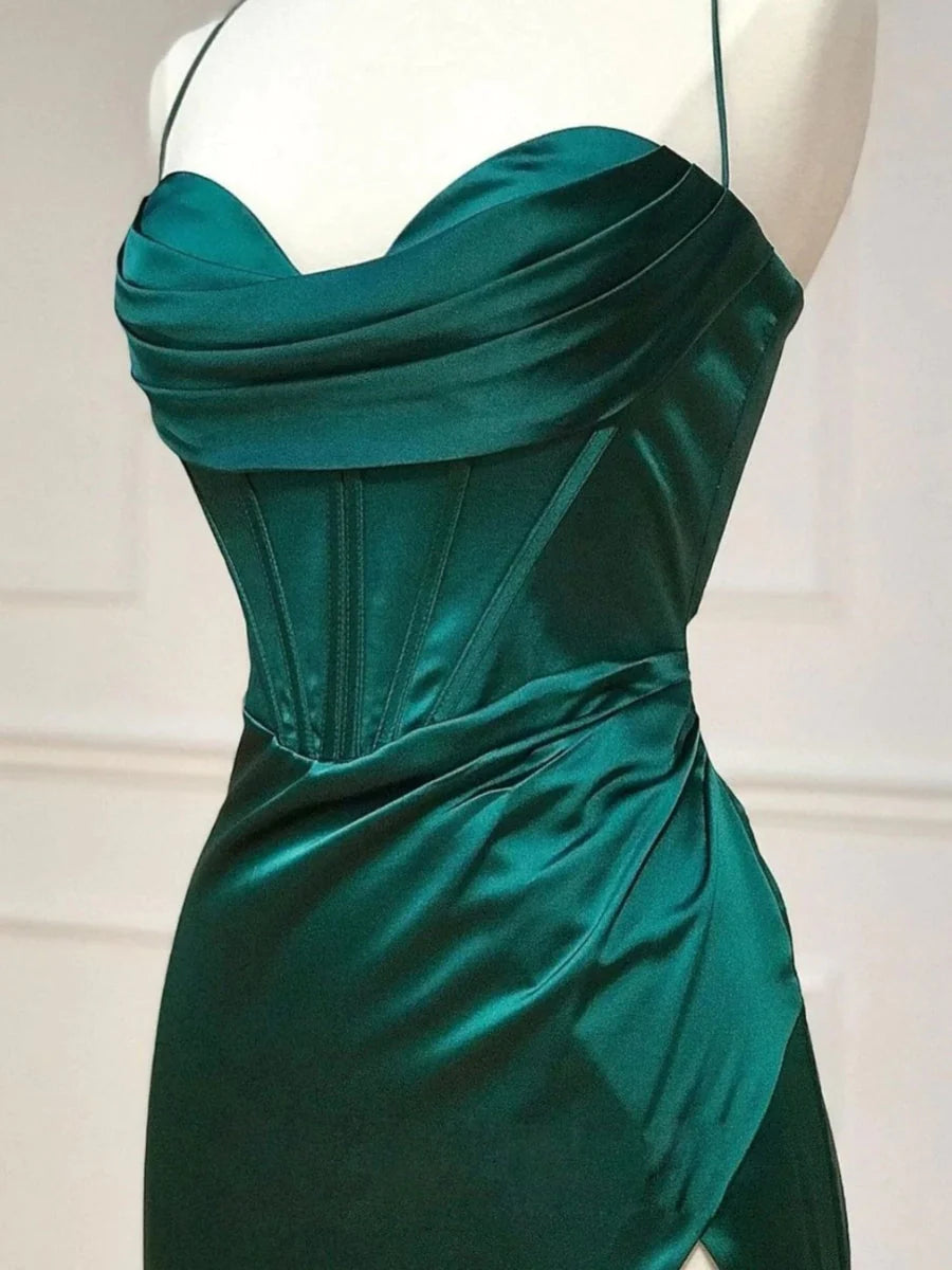 Wholesa Emerald Floor Length Corset Prom Dresses With Side Slit