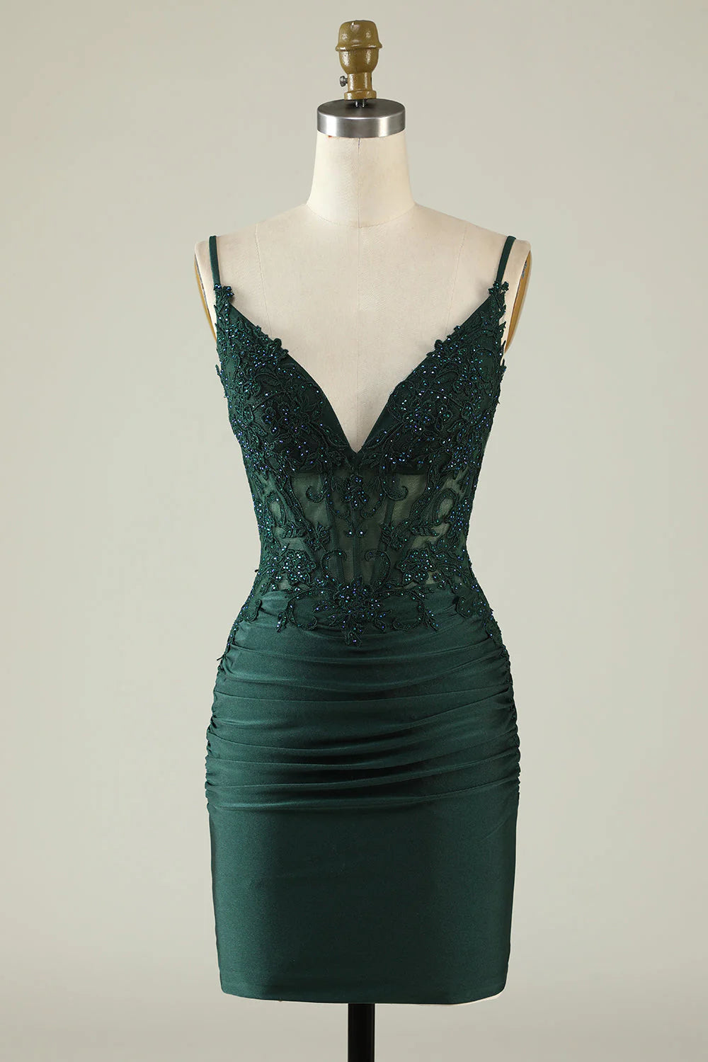 Emerald Spaghetti Strap Lace Beaded Ruched Bodycon Mini Homecoming Dress