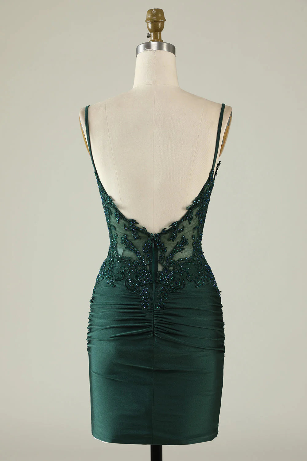 Emerald Spaghetti Strap Lace Beaded Ruched Bodycon Mini Homecoming Dress