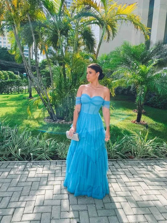 Enchanting A-Line Off-the-Shoulder Sheer Sleeve Plain Back Floor Length Formal Evening Dress