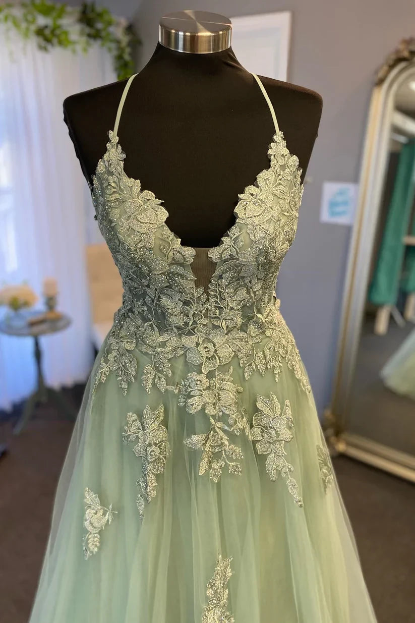 Enchanting A-Line Plunge Neck Spaghetti-Strap Criss-Cross Back Beaded Tulle Floor-Length Evening Dress