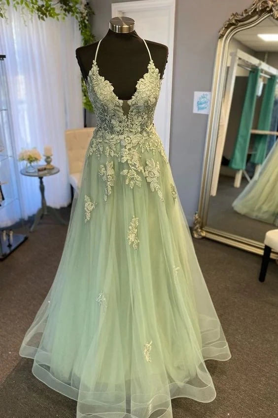 Enchanting A-Line Plunge Neck Spaghetti-Strap Criss-Cross Back Beaded Tulle Floor-Length Evening Dress