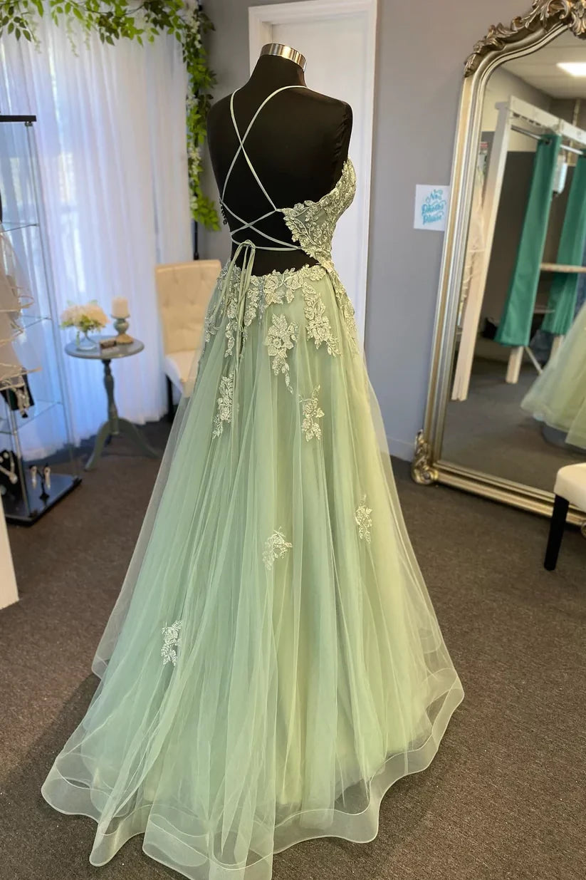 Enchanting A-Line Plunge Neck Spaghetti-Strap Criss-Cross Back Beaded Tulle Floor-Length Evening Dress