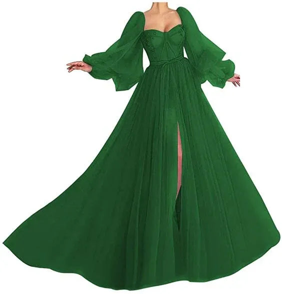 Enchanting A-Line Sweetheart Corset Bishop Puff Sleeve High-Slit Chiffon Floor-Length Formal Evening Dress