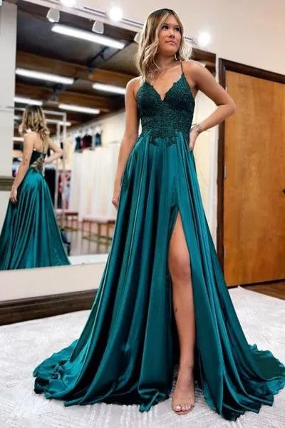 Enchanting A-Line V-Neck Spaghetti Strap Lace-Up Back High-Slit Floor-Length Formal Evening Dress