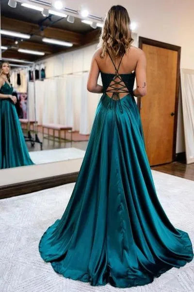 Enchanting A-Line V-Neck Spaghetti Strap Lace-Up Back High-Slit Floor-Length Formal Evening Dress