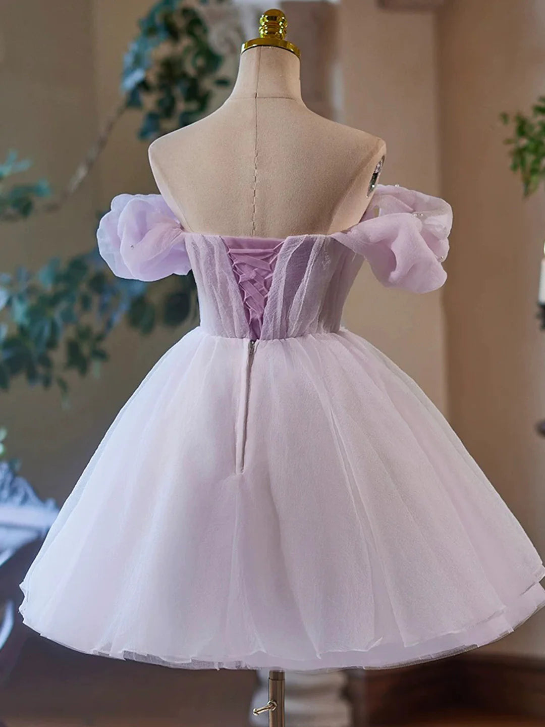 Enchanting A-Line Sweetheart Off-Shoulder Puffy Short Sleeve Lace-Up Back Mini Homecoming Dresses