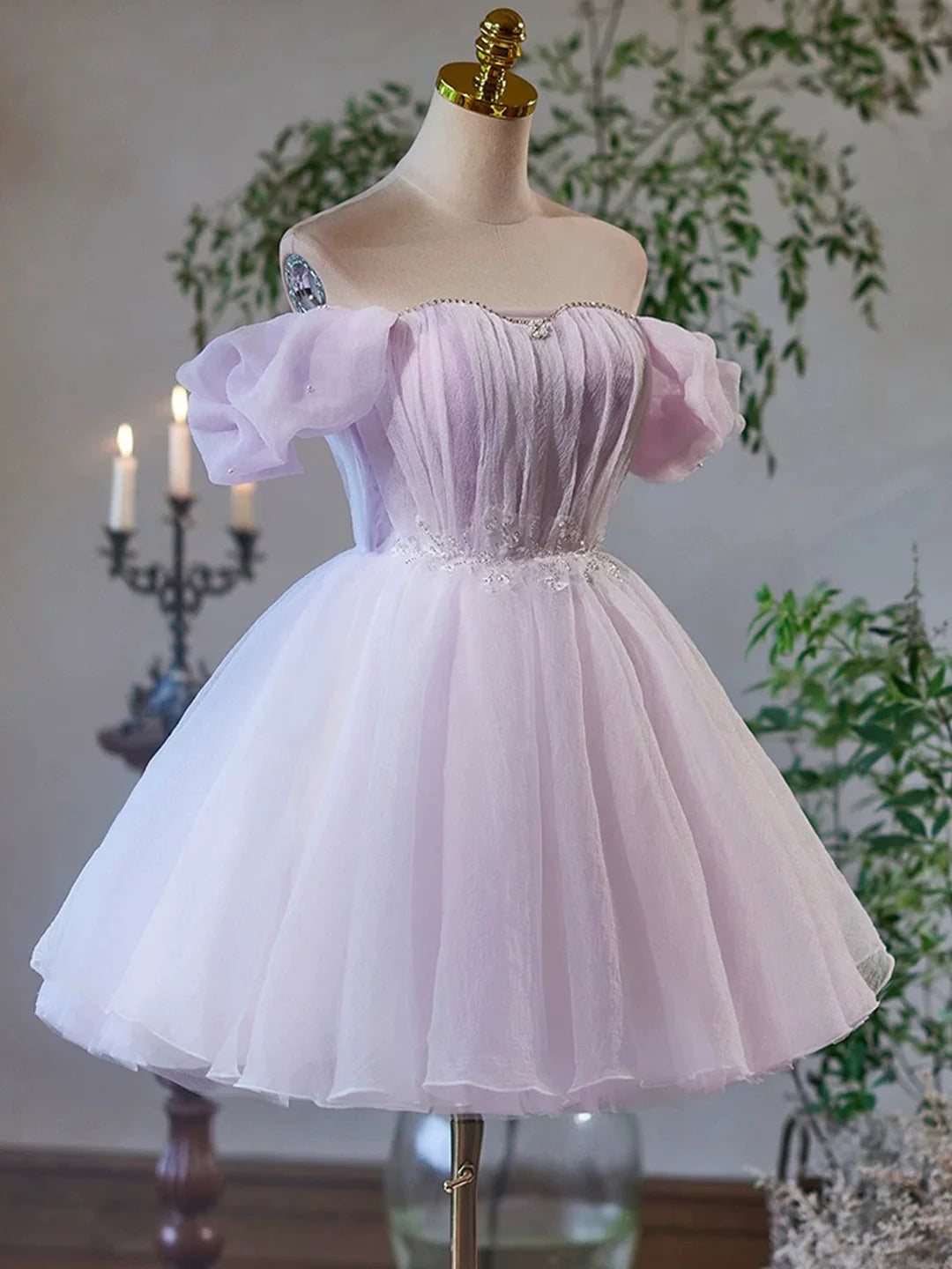 Enchanting A-Line Sweetheart Off-Shoulder Puffy Short Sleeve Lace-Up Back Mini Homecoming Dresses